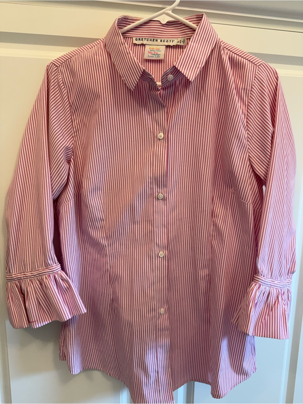 Gretchen Scott Designs Pink Stripe Ladies Blouse with ruffled sleeves